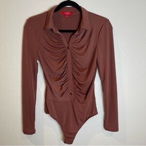 GUESS Bodysuit Size Medium Chocolate Brown Ruched Collared Long Sleeve Y2K